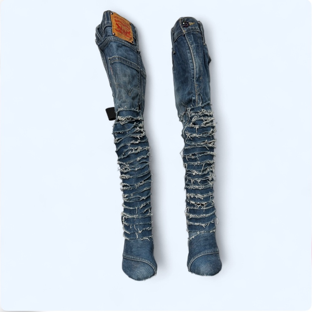 Distressed Levi Denim Thigh High Stiletto Rhinestone Boots Sz 10 Punk Y2K Grunge - Picture 3 of 14